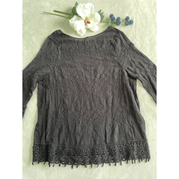 Shoreline Black Long-Sleeve Crochet & Lace Boho Blouse Whimsigoth - Picture 3 of 12